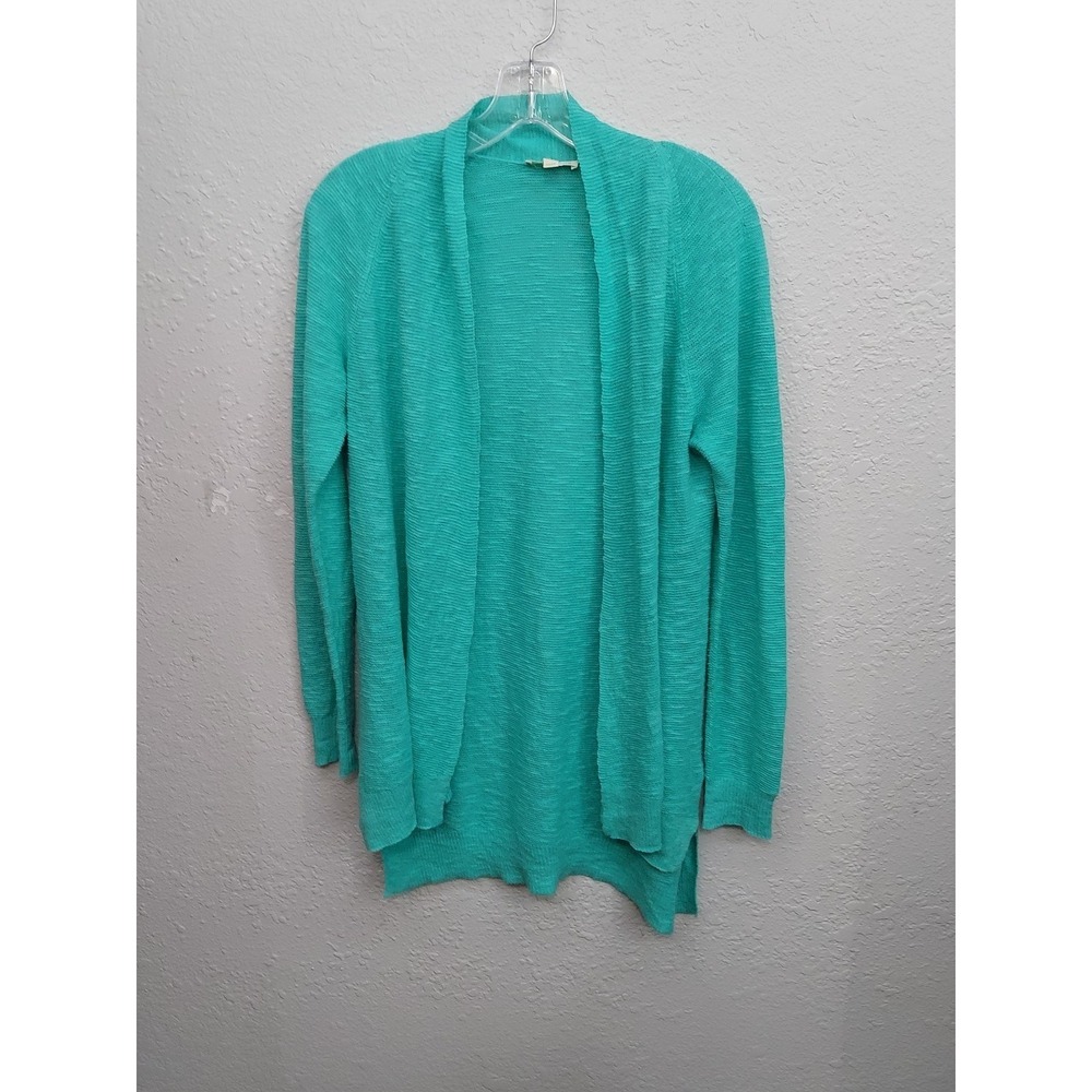 Eileen Fisher Sweater Womens Petite Small Aqua Green Cardigan Open Linen Cotton